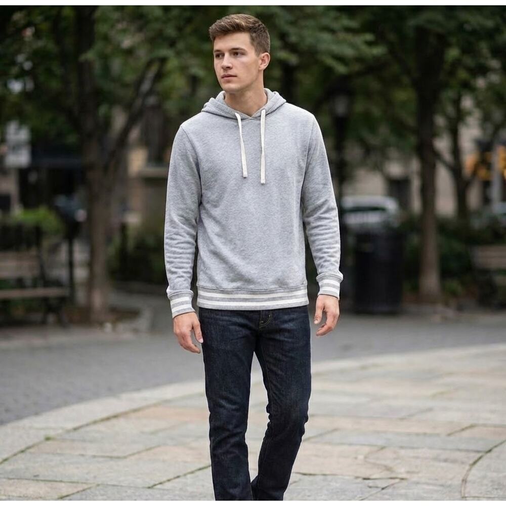 Banana Republic Organic Cotton Hero Tipped Pullover Hoodie Sweater in Gray Large